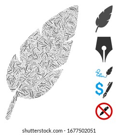 Line Mosaic based on feather icon. Mosaic vector feather is formed with scattered line dots. Bonus icons are added.