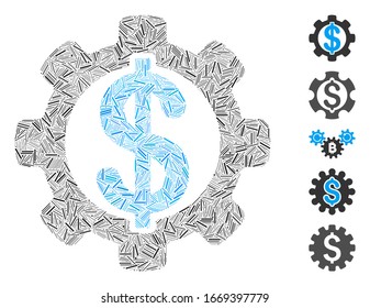 Line Mosaic based on financial development gear icon. Mosaic vector financial development gear is composed with scattered line items. Bonus icons are added.