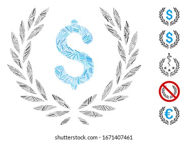 Línea Mosaica basada en el icono de laurel financiero. La corona de laurel financiero vectorial mosaico se crea con elementos de línea aleatoria. Se agregan iconos de bonificación.