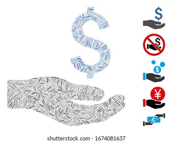 Line Mosaic basierend auf finanziellen Spenden Symbol. Die finanzielle Spende von Mosaik Vektorillustration wird mit randomisierten Linien gebildet. Bonussymbole werden hinzugefügt.