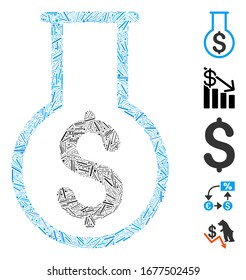 Mosaico de línea basado en icono de alquimia financiera. La alquimia financiera vectorial mosaico está compuesta por puntos de línea aleatorios. Se agregan iconos de bonificación.