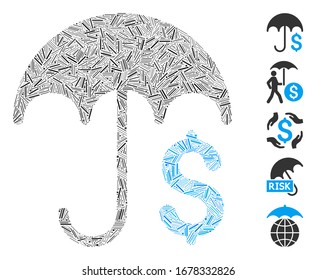 Mosaico de línea basado en un icono del paraguas financiero. El paraguas financiero vector mosaico se crea con puntos de línea aleatorizados. Se agregan iconos de bonificación.