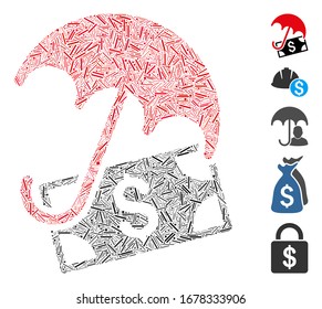 Mosaico de línea basado en un icono del paraguas financiero. El paraguas financiero vector mosaico se forma con puntos de línea aleatorizados. Se agregan iconos de bonificación.