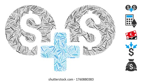 Line Mosaic based on financial sum icon. Mosaic vector financial sum is formed with randomized line dots. Bonus icons are added.