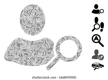 Line Mosaic based on find user icon. Mosaic vector find user is composed with scattered line elements. Bonus icons are added.
