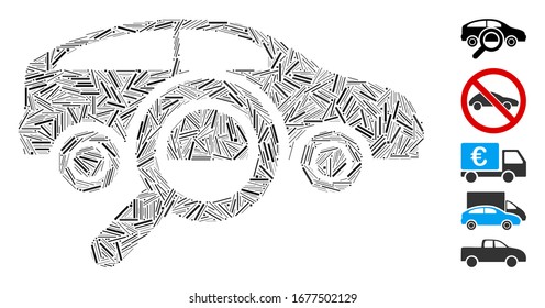 Mosaico de línea basado en el icono de encontrar camión. El camión de búsqueda de vectores mosaicos se crea con elementos de línea aleatorizados. Se agregan iconos de bonificación.