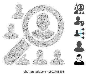 Line Mosaic based on find user icon. Mosaic vector find user is composed with randomized line items. Bonus icons are added.