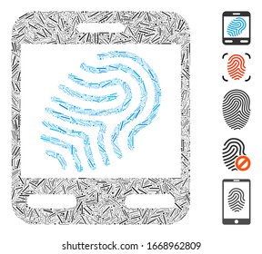 Mosaico de línea basado en el icono del escáner de huellas digitales. El escáner de huellas dactilares de vectores mosaicos se crea con elementos de guiones aleatorios. Se agregan iconos de bonificación.
