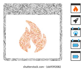 Mosaico de línea basado en el icono de la página del calendario de incendio. La página del calendario de incendios de vectores mosaicos está compuesta por puntos de línea dispersos. Se agregan iconos de bonificación.