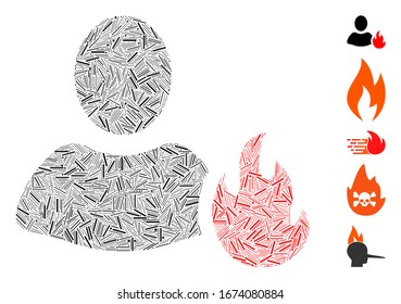 Line Mosaic based on fire icon. Mosaic vector fire is formed with random line dots. Bonus icons are added.