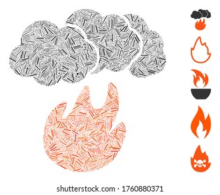 Line Mosaic based on fire with smoke icon. Mosaic vector fire with smoke is formed with random line items. Bonus icons are added.
