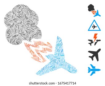 Mosaico de línea basado en el icono del avión disparado. El avión de carga vectorial mosaico está compuesto por elementos de línea dispersos. Se agregan iconos de bonificación.