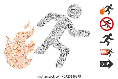 Line Mosaic based on fired running man icon. Mosaic vector fired running man is created with randomized line elements. Bonus icons are added.