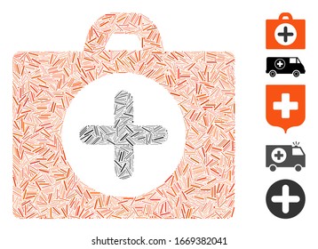 Linie Mosaik auf der Grundlage der ersten Hilfe Symbol. Mosaike Vektorillustration Erste Hilfe wird mit Zufallselementen erstellt. Bonussymbole werden hinzugefügt.