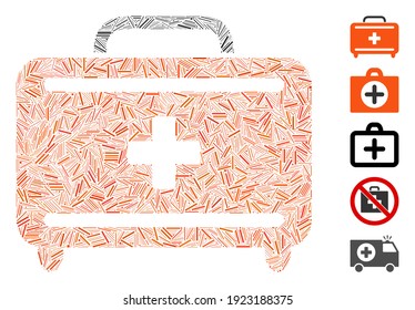 Mosaico de línea basado en el icono del kit de herramientas de primeros auxilios. El kit de herramientas de primeros auxilios de vector mosaico se crea con elementos de línea dispersos. Se agregan iconos de bonificación.