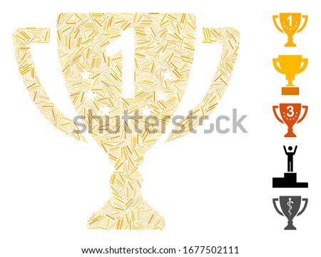 Line Mosaic based on first place goblet icon. Mosaic vector first place goblet is created with scattered line items. Bonus icons are added.