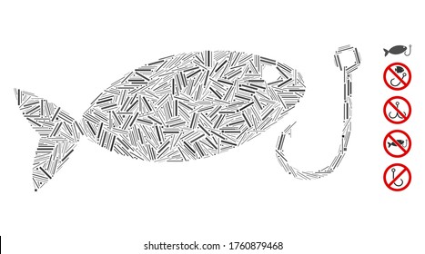 Line Mosaic based on fish hook icon. Mosaic vector fish hook is designed with random line spots. Bonus icons are added.