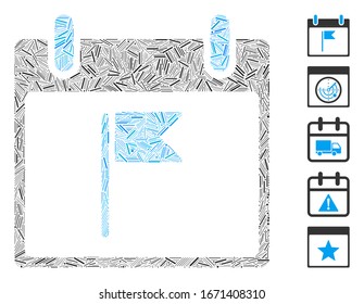 Line Mosaic based on flag calendar day icon. Mosaic vector flag calendar day is composed with random line elements. Bonus icons are added.
