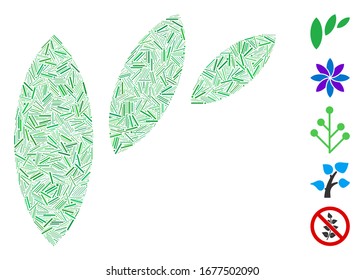Line Mosaic based on flora leaf abstraction icon. Mosaic vector flora leaf abstraction is formed with randomized line items. Bonus icons are added.