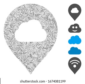 Linie Mosaik basierend auf Nebelwolke Marker Symbol. Der Mosaiknebel-Cloud-Marker für Vektorillustration wird mit randomisierten Zeilenpunkten erstellt. Bonussymbole werden hinzugefügt.