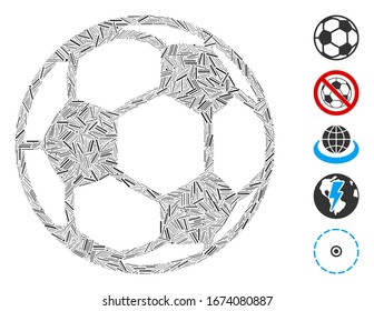 Line Mosaic based on football ball icon. Mosaic vector football ball is composed with random line items. Bonus icons are added.