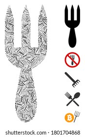 Line Mosaic based on fork icon. Mosaic vector fork is created with randomized line spots. Bonus icons are added.