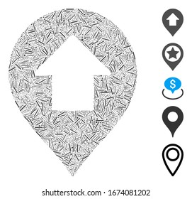 Line Mosaic based on forward up arrow marker icon. Mosaic vector forward up arrow marker is designed with randomized line dots. Bonus icons are added.