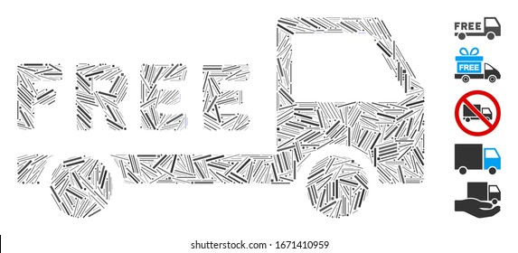 Line Mosaic based on free delivery icon. Mosaic vector free delivery is composed with scattered line elements. Bonus icons are added.