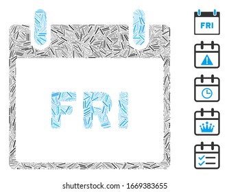 Line Mosaic based on Friday calendar page icon. Mosaic vector Friday calendar page is formed with scattered line spots. Bonus icons are added.