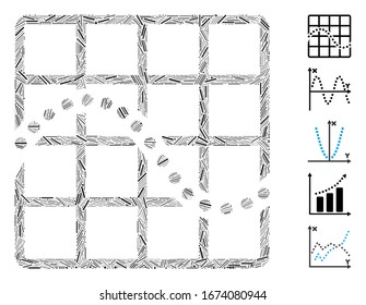 Line Mosaic based on function chart icon. Mosaic vector function chart is designed with randomized line spots. Bonus icons are added.