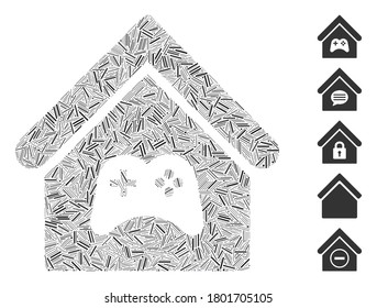 Line Mosaic based on game center building icon. Mosaic vector game center building is designed with random line spots. Bonus icons are added.