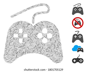 Line Mosaic based on gamepad icon. Mosaic vector gamepad is formed with random line dots. Bonus icons are added.