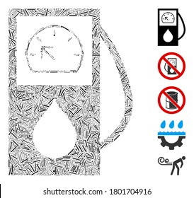 Linie Mosaik auf der Grundlage der Tankstelle Symbol. Mosaikvektorgasstation besteht aus verstreuten Linienelementen. Bonussymbole werden hinzugefügt.