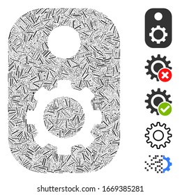 Line Mosaic based on gear tag icon. Mosaic vector gear tag is composed with randomized line dots. Bonus icons are added.