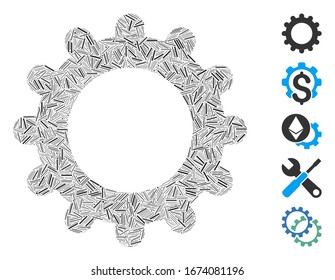 Line Mosaic based on gear icon. Mosaic vector gear is formed with random line elements. Bonus icons are added.
