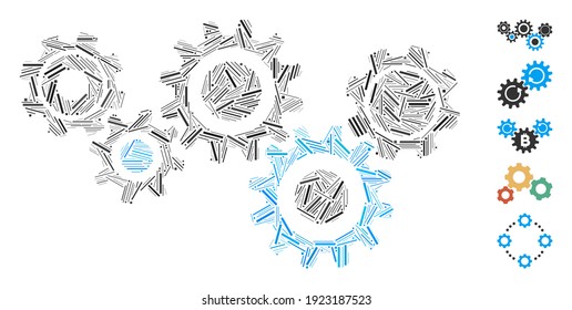Line Mosaic based on gear mechanism icon. Mosaic vector gear mechanism is composed with randomized line elements. Bonus icons are added.