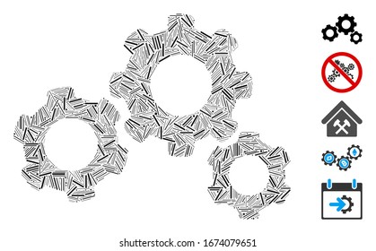 Line Mosaic based on gears icon. Mosaic vector gears is composed with randomized hatch items. Bonus icons are added.