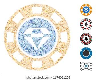 Mosaico de línea basado en el icono del chip del casino gem. El chip de casino de gema vectorial mosaico se compone de elementos de línea aleatorizados. Se agregan iconos de bonificación.