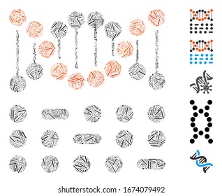 Mosaico de línea basado en el icono del código genético. El código genético vectorial mosaico se forma con puntos de línea aleatoria. Se agregan iconos de bonificación.
