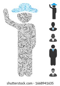 Line Mosaic based on gentleman hitchhike icon. Mosaic vector gentleman hitchhike is composed with scattered line items. Bonus icons are added.