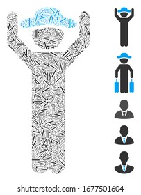 Line Mosaic based on gentleman hands up icon. Mosaic vector gentleman hands up is composed with random line spots. Bonus icons are added.