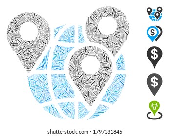 Line Mosaic based on geo targeting icon. Mosaic vector geo targeting is formed with random hatch elements. Bonus icons are added.