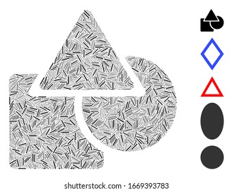 Mosaico de línea basado en el icono de formas geométricas. Las formas geométricas vectoriales mosaicas se forman con puntos de línea aleatorios. Se agregan iconos de bonificación.