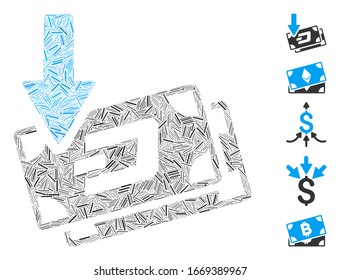 Line Mosaic based on get arrow Dash banknotes icon. Mosaic vector get arrow Dash banknotes is formed with randomized line dots. Bonus icons are added.