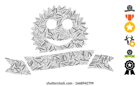 Line Mosaik auf der Grundlage des frohen Preisband Symbol. Mosaik Vektorillustration frohe Preisband ist mit Zufallslinien-Spots erstellt. Bonussymbole werden hinzugefügt.