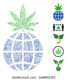 Mosaico de línea basado en el icono mundial del brote de cannabis. El brote de cannabis global vector mosaico se forma con puntos de línea dispersos. Se agregan iconos de bonificación.