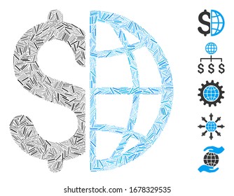Line Mosaic based on global business icon. Mosaic vector global business is created with randomized hatch elements. Bonus icons are added.