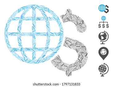 Mosaico de línea basado en el icono de las finanzas globales. Las finanzas globales de los vectores mosaicos están diseñadas con puntos de línea aleatorizados. Se agregan iconos de bonificación.