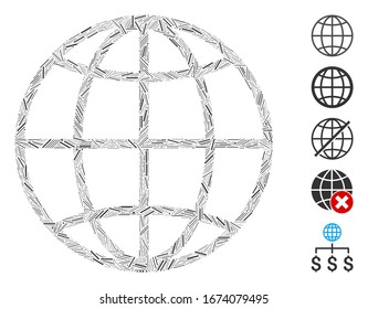 Line Mosaic based on globe icon. Mosaic vector globe is composed with randomized line elements. Bonus icons are added.