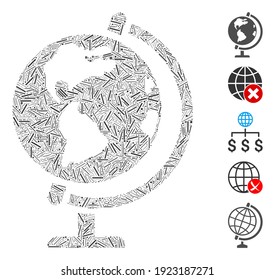Line Mosaic based on globe icon. Mosaic vector globe is created with random line items. Bonus icons are added.